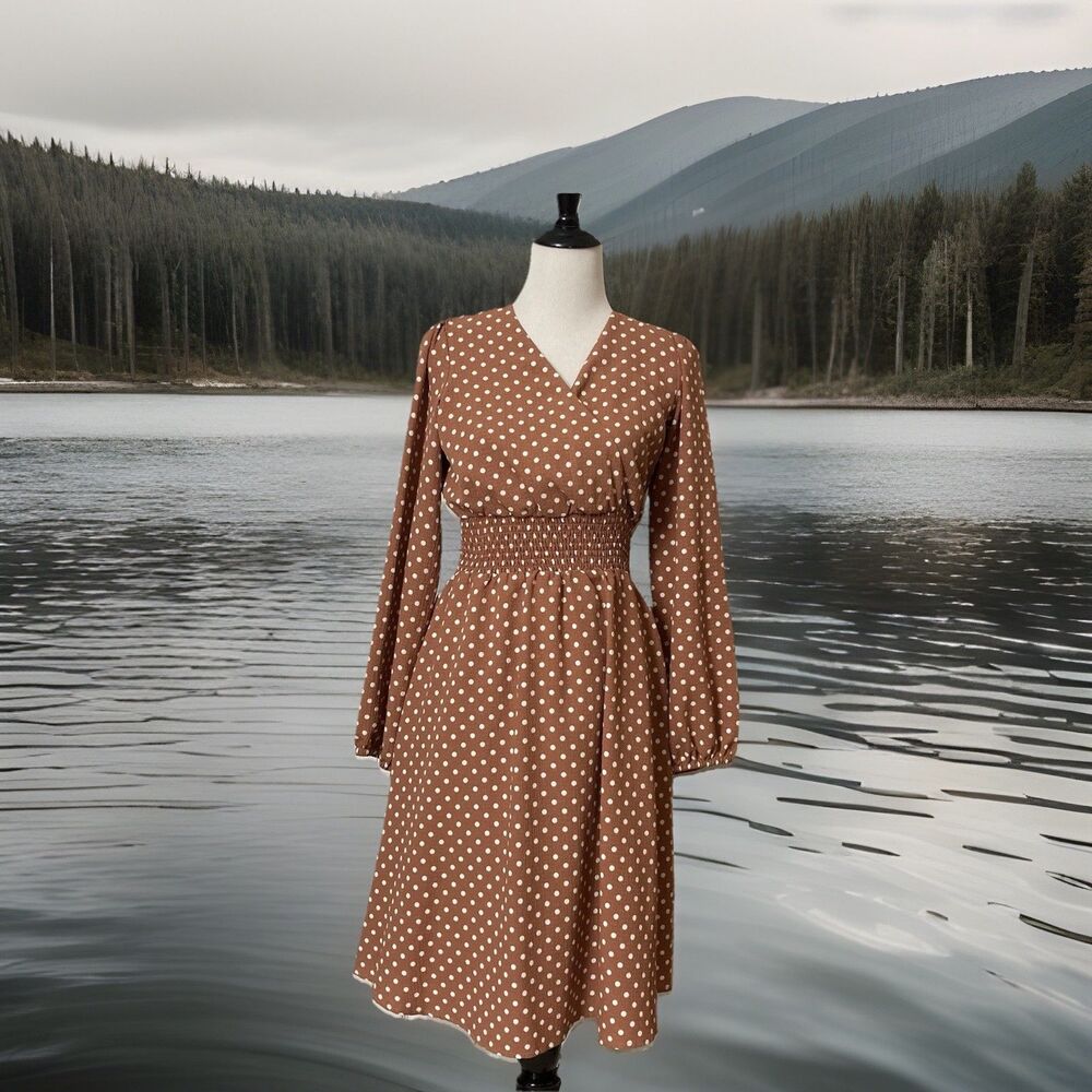 Draper James RSVP Sz S Polka Dot Dress Whie Polka Dots on Caramel Brown Smocked